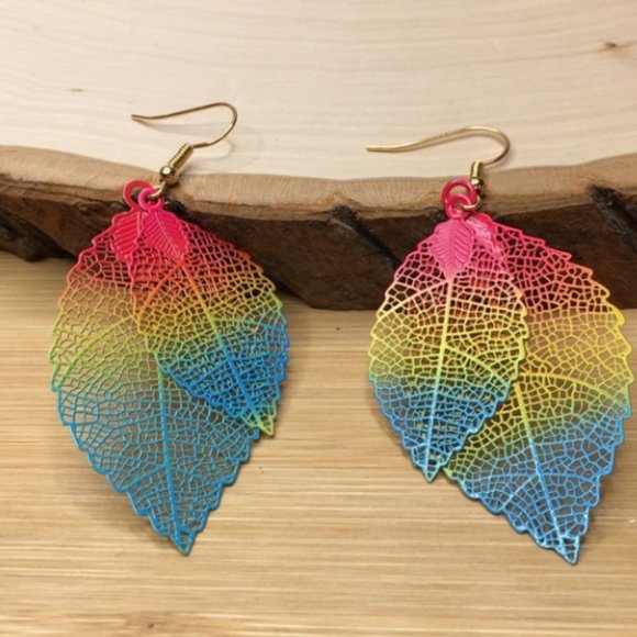 Double Rainbow Leaf Earrings PRICE IS FIRM - Picture 3 of 3